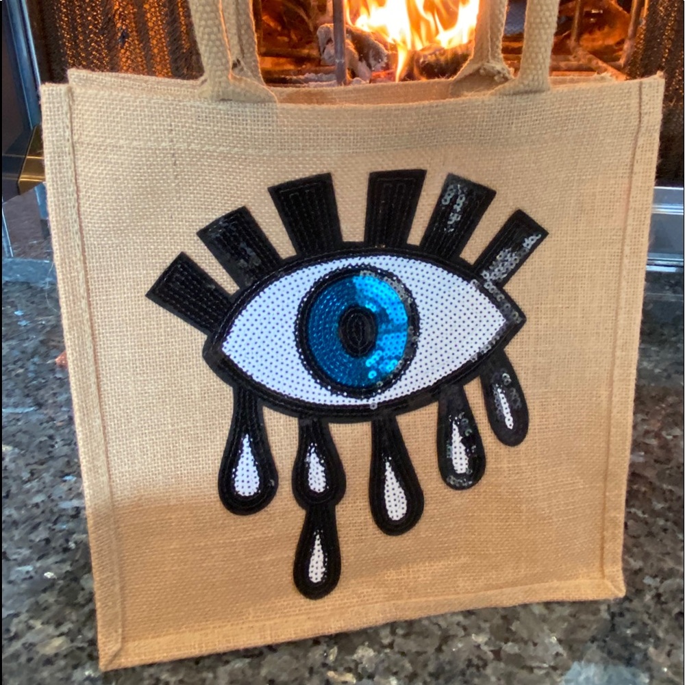 Evil eye sequin burlap tote